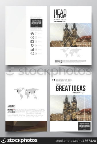 Set of business templates for brochure, magazine, flyer, booklet or annual report. Polygonal background, blurred image, urban landscape, cityscape of Prague, modern triangular texture.