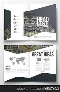 Set of business templates for brochure, magazine, flyer, booklet or annual report. Round golden technology pattern on dark background, mandala template, connecting lines and dots, connection structure