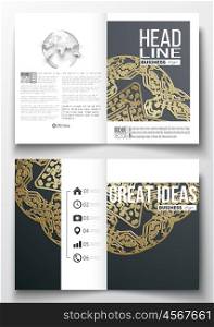 Set of business templates for brochure, magazine, flyer, booklet or annual report. Golden microchip pattern on dark background, mandala template with connecting dots and lines, connection structure.