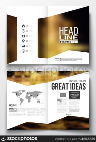 Set of business templates for brochure, magazine, flyer, booklet or annual report. Colorful background, blurred image, night city landscape, triangular vector texture.