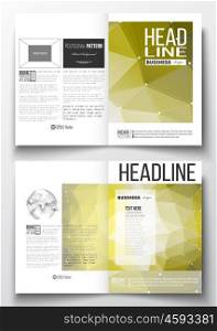 Set of business templates for brochure, magazine, flyer, booklet or annual report. Molecular construction with connected lines and dots, scientific pattern on abstract yellow polygonal background, modern stylish triangle vector texture.