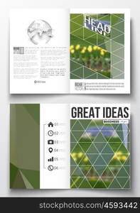 Set of business templates for brochure, magazine, flyer, booklet or annual report. Colorful polygonal floral background, blurred image, yellow flowers on green, modern triangular texture.