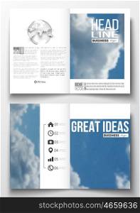 Set of business templates for brochure, magazine, flyer, booklet or annual report. Beautiful blue sky, abstract background with white clouds, leaflet cover, business layout, vector illustration.