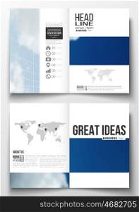 Set of business templates for brochure, magazine, flyer, booklet or annual report. Beautiful blue sky, abstract geometric background with white clouds, leaflet cover, business layout, vector.