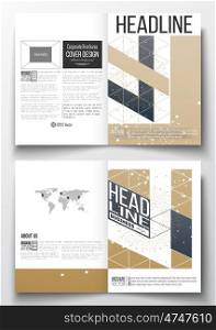 Set of business templates for brochure, magazine, flyer, booklet or annual report. Polygonal backdrop with connecting dots and lines, golden background, connection structure. Digital or science vector