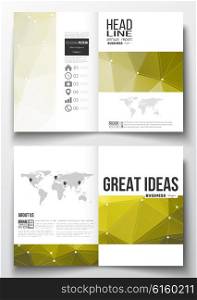 Set of business templates for brochure, magazine, flyer, booklet or annual report. Molecular construction with connected lines and dots, scientific pattern on abstract yellow polygonal background, modern stylish triangle vector texture.