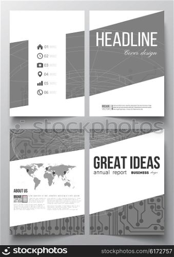 Set of business templates for brochure, magazine, flyer, booklet or annual report. Microchip background, electrical circuits, construction with connected lines, scientific or digital design pattern