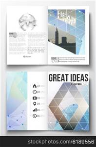 Set of business templates for brochure, magazine, flyer, booklet or annual report. Abstract colorful polygonal backdrop with blurred image, modern stylish triangular vector texture.