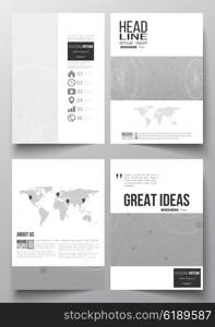 Set of business templates for brochure, magazine, flyer, booklet or annual report. Molecular construction with connected lines and dots, scientific or digital design pattern on gray background.