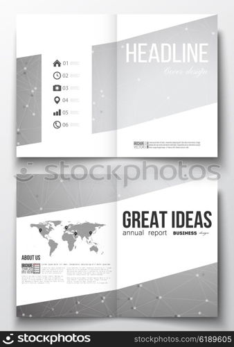 Set of business templates for brochure, magazine, flyer, booklet or annual report. Molecular construction with connected lines and dots, scientific or digital design pattern on gray background.