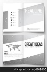Set of business templates for brochure, magazine, flyer, booklet or annual report. Molecular construction with connected lines and dots, scientific or digital design pattern on gray background.
