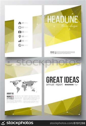 Set of business templates for brochure, magazine, flyer, booklet or annual report. Molecular construction with connected lines and dots, scientific pattern on abstract yellow polygonal background.