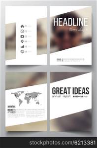Set of business templates for brochure, magazine, flyer, booklet or annual report. Blurred image, vacation, travel, tourism. Modern triangular vector texture.