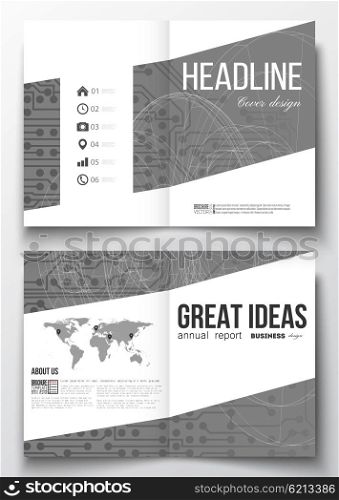 Set of business templates for brochure, magazine, flyer, booklet or annual report. Microchip background, electrical circuits, construction with connected lines, scientific or digital design