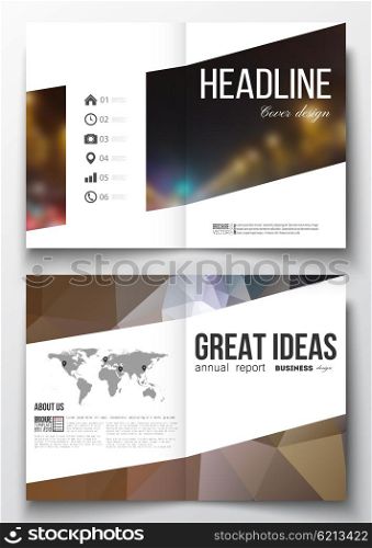 Set of business templates for brochure, magazine, flyer, booklet or annual report. Dark polygonal background, blurred image, night city landscape, car traffic, modern triangular texture.