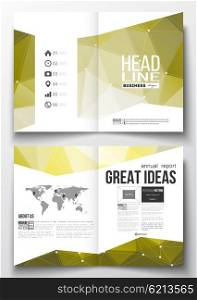Set of business templates for brochure, magazine, flyer, booklet or annual report. Molecular construction with connected lines and dots, scientific pattern on abstract yellow polygonal background.