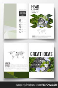 Set of business templates for brochure, magazine, flyer, booklet or annual report. Polygonal floral background, blurred image, blue flowers in green grass closeup, modern triangular texture.
