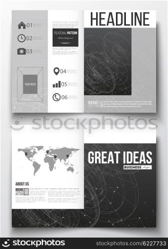 Set of business templates for brochure, magazine, flyer, booklet or annual report. Molecular construction with connected lines and dots, scientific or digital design pattern on black background.