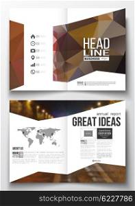 Set of business templates for brochure, magazine, flyer, booklet or annual report. Dark polygonal background, blurred image, night city landscape, car traffic, modern triangular texture.