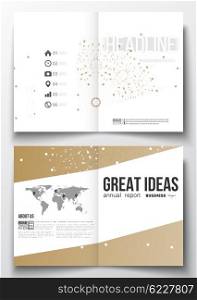 Set of business templates for brochure, magazine, flyer, booklet or annual report. Polygonal backdrop with connecting dots and lines, golden background, connection structure. Digital or science vector