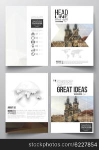 Set of business templates for brochure, magazine, flyer, booklet or annual report. Polygonal background, blurred image, urban landscape, cityscape of Prague, modern triangular texture.