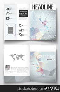 Set of business templates for brochure, magazine, flyer, booklet or annual report. Molecular construction with connected lines and dots, scientific pattern on abstract colorful polygonal background