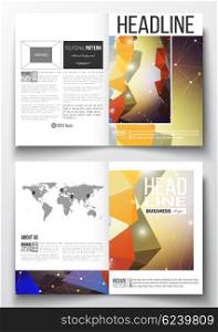Set of business templates for brochure, magazine, flyer, booklet or annual report. Molecular construction with connected lines and dots, scientific pattern on abstract colorful polygonal background, modern stylish triangle vector texture.