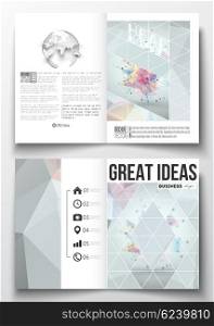 Set of business templates for brochure, magazine, flyer, booklet or annual report. Molecular construction with connected lines and dots, scientific pattern on abstract colorful polygonal background