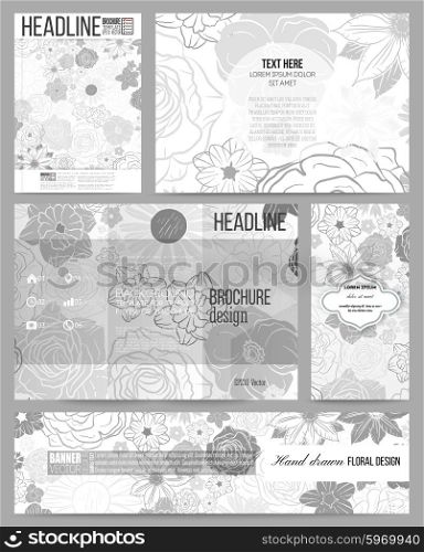 Set of business templates for presentation, brochure, flyer, banner or booklet. Hand drawn floral doodle pattern, abstract vector background.