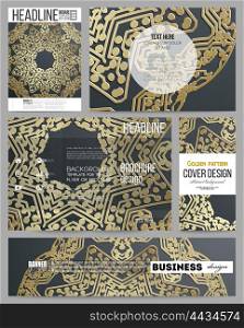 Set of business templates for presentation, brochure, flyer or booklet. Golden microchip pattern on dark background with connecting dots and lines, connection structure. Digital scientific vector.
