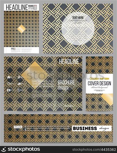 Set of business templates for presentation, brochure, flyer or booklet. Islamic gold pattern, overlapping geometric square shapes forming abstract ornament. Vector golden texture on black background.