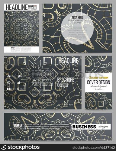 Set of business templates for presentation, brochure, flyer or booklet. Polygonal backdrop with golden connecting dots and lines, connection structure. Digital scientific background.