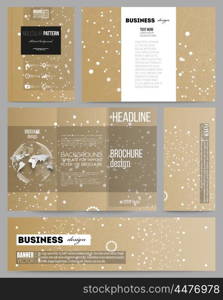 Set of business templates for presentation, brochure, flyer or booklet. Abstract polygonal backdrop with connecting dots and lines, golden background, connection structure. Digital or science vector