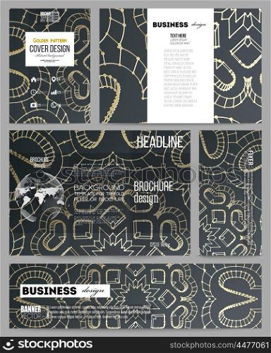 Set of business templates for presentation, brochure, flyer or booklet. Polygonal backdrop with golden connecting dots and lines, connection structure. Digital scientific background.