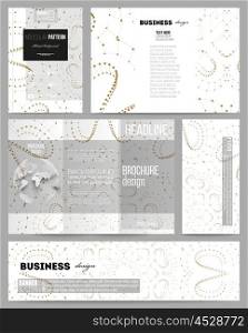 Set of business templates for presentation, brochure, flyer or booklet. Polygonal backdrop with connecting dots and lines, golden connection structure on white background. Digital or science vector