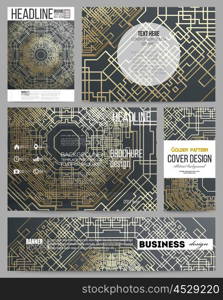 Set of business templates for presentation, brochure, flyer or booklet. Golden technology pattern on dark background with connecting lines and dots, connection structure. Digital scientific vector.