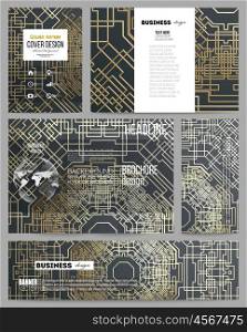 Set of business templates for presentation, brochure, flyer or booklet. Golden technology pattern on dark background with connecting lines and dots, connection structure. Digital scientific vector.