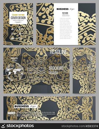Set of business templates for presentation, brochure, flyer or booklet. Golden microchip pattern on dark background with connecting dots and lines, connection structure. Digital scientific vector.