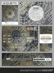 Set of business templates for presentation, brochure, flyer or booklet. Golden technology pattern on dark background with connecting lines and dots, connection structure. Digital scientific vector.