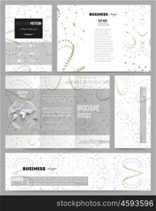 Set of business templates for presentation, brochure, flyer or booklet. Polygonal backdrop with connecting dots and lines, golden connection structure on white background. Digital or science vector