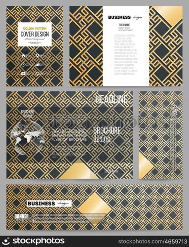 Set of business templates for presentation, brochure, flyer or booklet. Islamic gold pattern, overlapping geometric square shapes forming abstract ornament. Vector golden texture on black background.