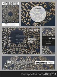 Set of business templates for presentation, brochure, flyer or booklet. Golden microchip pattern, abstract template, connecting dots and lines, connection structure. Digital scientific background.