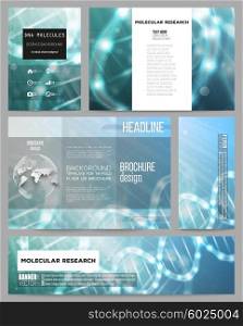 Set of business templates for presentation, brochure, flyer or booklet. DNA molecule structure on dark blue background. Science vector background.