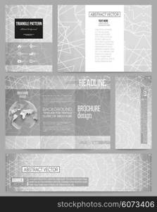 Set of business templates for presentation, brochure, flyer or booklet. Sacred geometry, triangle design gray background. Abstract vector illustration.