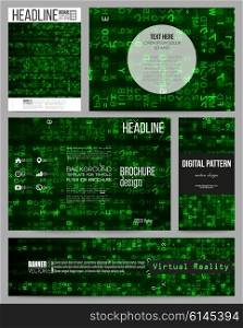 Set of business templates for presentation, brochure, flyer or booklet. Virtual reality, abstract technology background with green symbols, vector illustration.