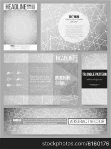 Set of business templates for presentation, brochure, flyer or booklet. Sacred geometry, triangle design gray background. Abstract vector illustration.