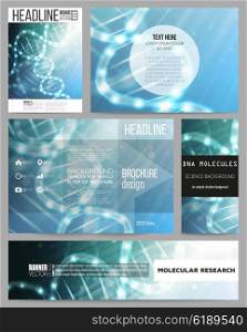 Set of business templates for presentation, brochure, flyer or booklet. DNA molecule structure on dark blue background. Science vector background.