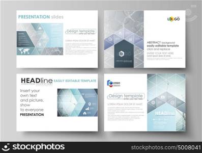 Set of business templates for presentation slides. Abstract vector layouts in flat design. Chemistry pattern, connecting lines and dots, molecule structure, scientific medical DNA research.. Set of business templates for presentation slides. Easy editable abstract vector layouts in flat design. Chemistry pattern, connecting lines and dots, molecule structure, scientific medical DNA research.