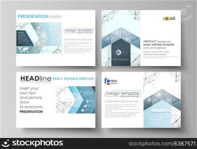 Set of business templates for presentation slides. Abstract vector layouts in flat design. Chemistry pattern, connecting lines and dots, molecule structure on white, geometric graphic background.. Set of business templates for presentation slides. Easy editable abstract vector layouts in flat design. Chemistry pattern, connecting lines and dots, molecule structure on white, geometric graphic background.