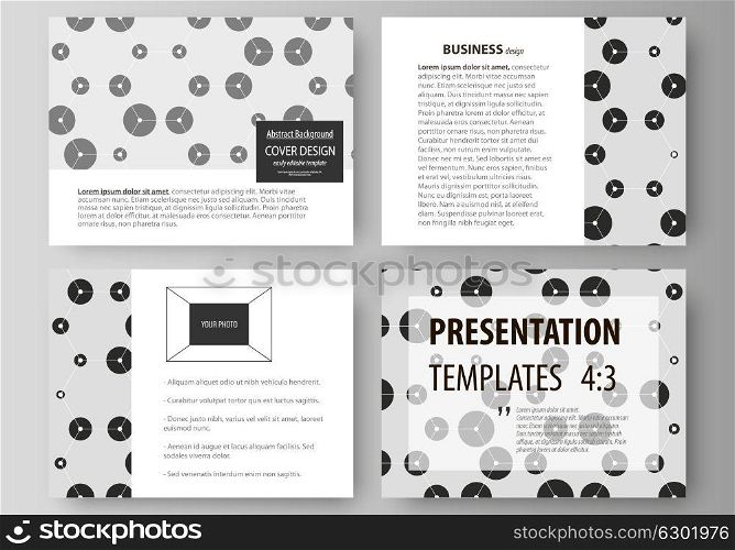 Set of business templates for presentation slides. Abstract vector layouts in flat style. Chemistry pattern, hexagonal design molecule structure, medical DNA research. Geometric colorful background. Set of business templates for presentation slides. Abstract vector layouts in flat style. Chemistry pattern, hexagonal design molecule structure, medical DNA research. Geometric colorful background.